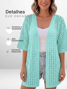 Women's Openwork Knit Kimono, Lightweight, Modern, Basic, Elegant, Casual - Verde - Ver 2