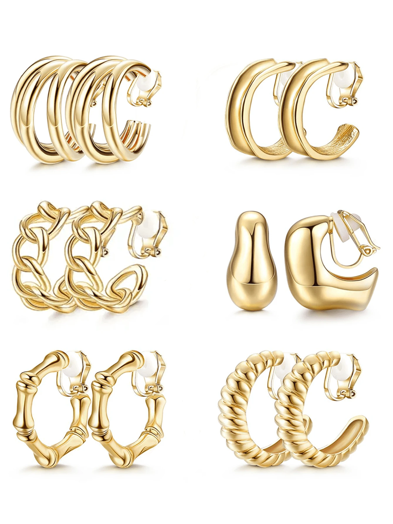 Yanxyad 1/6 Cặp bông tai kẹp vàng cho nữ, bông tai kẹp vòng tròn mạ vàng, bông tai kẹp vòng tròn cho nữ, trang sức giả không xỏ khuyên - Vàng - Xem 1