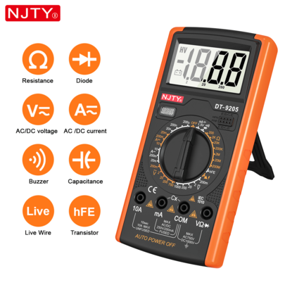 NJTY 1pc Digital Multimeter, Manual Range, Battery Powered Electrical Tester - Voltage, OHM Amp Current Meter, Circuit Continuity, Resistance, Capacitance, HFE Tester With LCD Backlight, Test Leads & Protective Cover