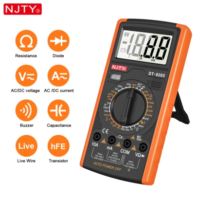 NJTY 这款数字万用表采用手动量程设计，电池供电，能够测量电压、电阻、电流、电路连通性、电容等参数。它还具备高频功率测试功能、液晶背光显示屏、测试线和保护套。