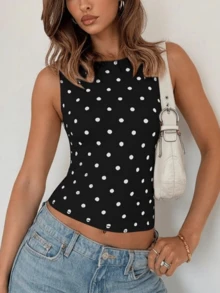 Women's Y2k Polka Dot Tank  Top Sleeveless Round Neck Slim Fit Vest Crop Tops Summer Basic Going Out Tops Tee Party Streetwear - 黑色 - 查看 3