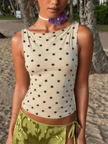 Women's Y2k Polka Dot Tank Top Sleeveless Round Neck Slim Fit Vest Crop Tops Summer Basic Going Out Tops Tee Party Streetwear - 白色 - 查看 9