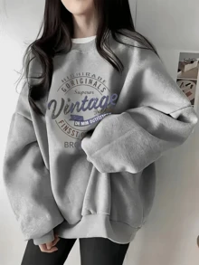 女士厚重超大码运动衫 - 复古布鲁克林图案套头无帽衫