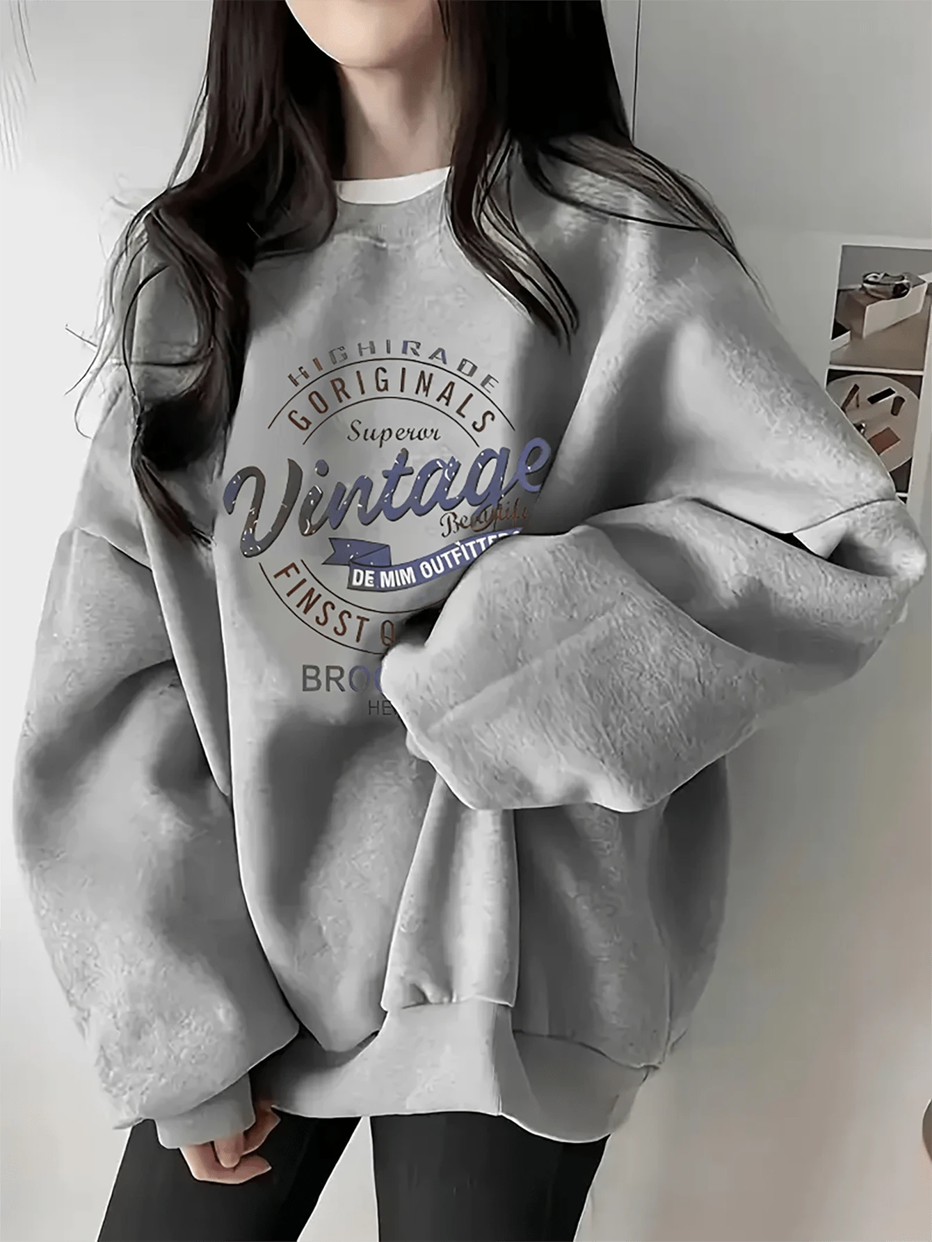 女士厚重超大码运动衫 - 复古布鲁克林图案套头无帽衫