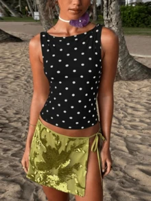 Women's Y2k Polka Dot Tank  Top Sleeveless Round Neck Slim Fit Vest Crop Tops Summer Basic Going Out Tops Tee Party Streetwear - 黑色 - 查看 4