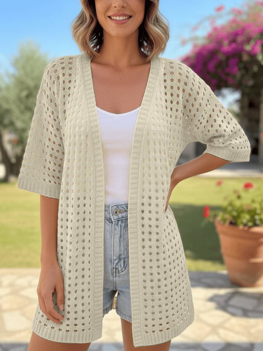 Women's Openwork Knit Kimono, Lightweight, Modern, Basic, Elegant, Casual - Amarillo Mostaza - Ver 1