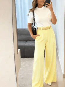 Women's Wide Leg Pants With Black Belt - Yellow - View 2