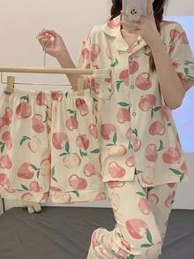 Pijamas de verano femenino de tres piezas conjunto de estudiantes de niña linda melocotón pantalones cortos de manga corta pantalones largos - Rosa - Ver 1