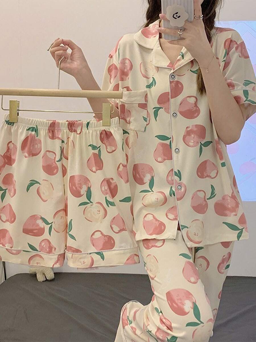 Pijamas de verano femenino de tres piezas conjunto de estudiantes de niña linda melocotón pantalones cortos de manga corta pantalones largos - Rosa - Ver 1