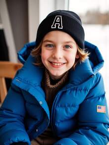 1 pieza Gorro de punto para niños con patrón de 26 letras, gorros de punto de unicolor, sombreros para niñas, gorros cálidos para exteriores, otoño/invierno - Negro - Ver 3