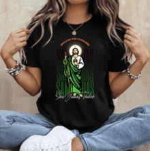 Camiseta de cuello redondo con estampado de Tadeo para festivales religiosos, camiseta gráfica, ropa religiosa, camiseta para mujer, estilo retro, cuello redondo, adecuada para deportes y Fitness estilo festivo - Negro - Ver 1