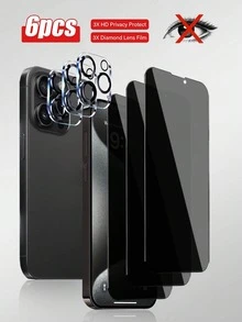 Yezodawee 6 Pcs Set Screen Protector Set Compatible With Apple Models Anti-Peeping Screen Tempered Film 3 Pieces + 3D Lens Protector 3 Pieces 1:1 HD Picture Quality Anti-Scratch And Not Easy To Break Durable Applicable Compatible With Apple X/XR/11/12/13/14/1516/16pro/16plus/16pro Max/16e/17/17 Air/17 Pro/17 Pro Max Full Series