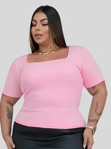 Blusa Básica T- Shirt Plus Size Macia E Ajustável Estilosa Malha Elegant Confortavel G1 Verão Elegante Lisa Liso - Blusa Mc Rosa BB - Visão 7