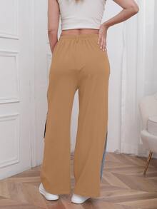 Éxito Total! Pantalones Anchos de Mezcla Rojo y Vaquero, Estilo Cargo con Rayas de Contraste - Caqui - Ver 4