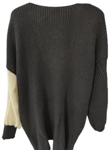 大码女式套头针织毛衣，黑白拼色，时尚百搭优雅V领粗针织大码长袖毛衣 - 黑與白 - 查看 2