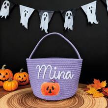 1 pieza Bolsa de tela personalizada para dulces y aperitivos con asa de cuerda, cesta para pedir dulces en Halloween