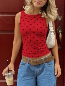 Women's Y2k Polka Dot Tank  Top Sleeveless Round Neck Slim Fit Vest Crop Tops Summer Basic Going Out Tops Tee Party Streetwear - 紅色 - 查看 2