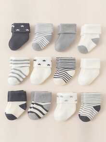 12 双经典星条纹棉质婴儿袜，温暖厚针织，适合婴儿、幼儿和成人