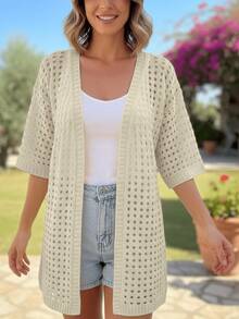 Women's Openwork Knit Kimono, Lightweight, Modern, Basic, Elegant, Casual - Amarillo Mostaza - Ver 3