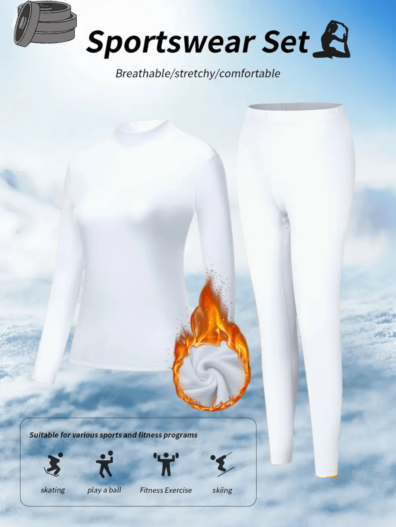 A Set Of Solid Color High-Neck Thermal Underwear For Women In Autumn And Winter. Fashionable Design, Close-Fitting, Cold-Resistant, Warm, Comfortable And Elastic. Black As A Gift For Autumn And Winter - 白色 - 查看 1