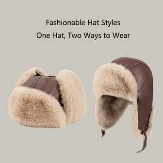 Vintage Aviator Motorcycle Trapper Hat, Unisex Solid Color Thick Warm Thermal Lined Windproof Winter Cap