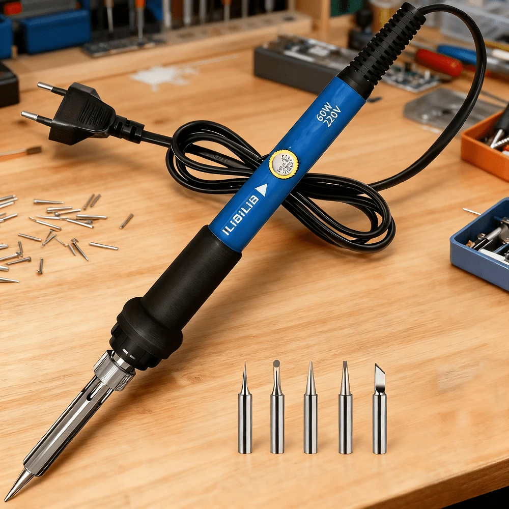 Zestaw lutowniczy, ILIBILIB 60 W 220 V, regulowana temperatura spawania od 200 do 450°C, z 5 wymiennymi końcówkami