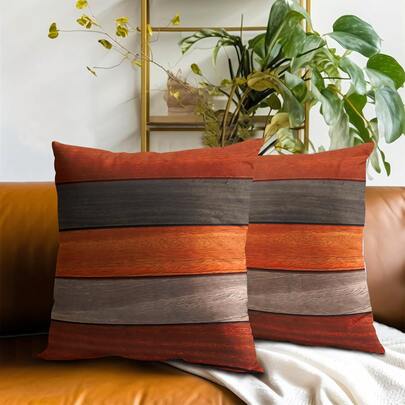 2pcs Modern Retro Brown Wooden Board Geometric Pattern Decorative Pillow Covers, Soft & Comfortable Polyester Cushion Covers, Decorative Pillows, Zipper Closure, Machine Washable, 45x45cm, Suitable For Home Decor Living Room Sofa, Bedroom Headboard, Car, Office And Various Rooms (Pillow Insert Not Included)