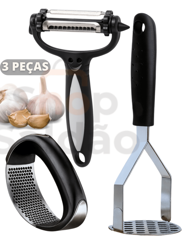 Kit 3 Peças Descascador de Legumes 3 em 1 Amassador de Batata Inox com Cabo Plástico Espremedor de Alho Inox com Cabo Plástico