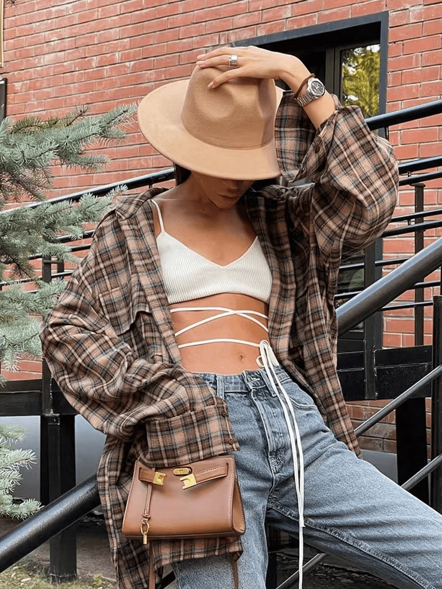 Solstice Apparel 复古格纹印花翻领超大长袖衬衫，宽松版型，修身显瘦，尽显美式慵懒风，适合日常出行、通勤、约会和初秋叠穿。 - 彩色 - 查看 1