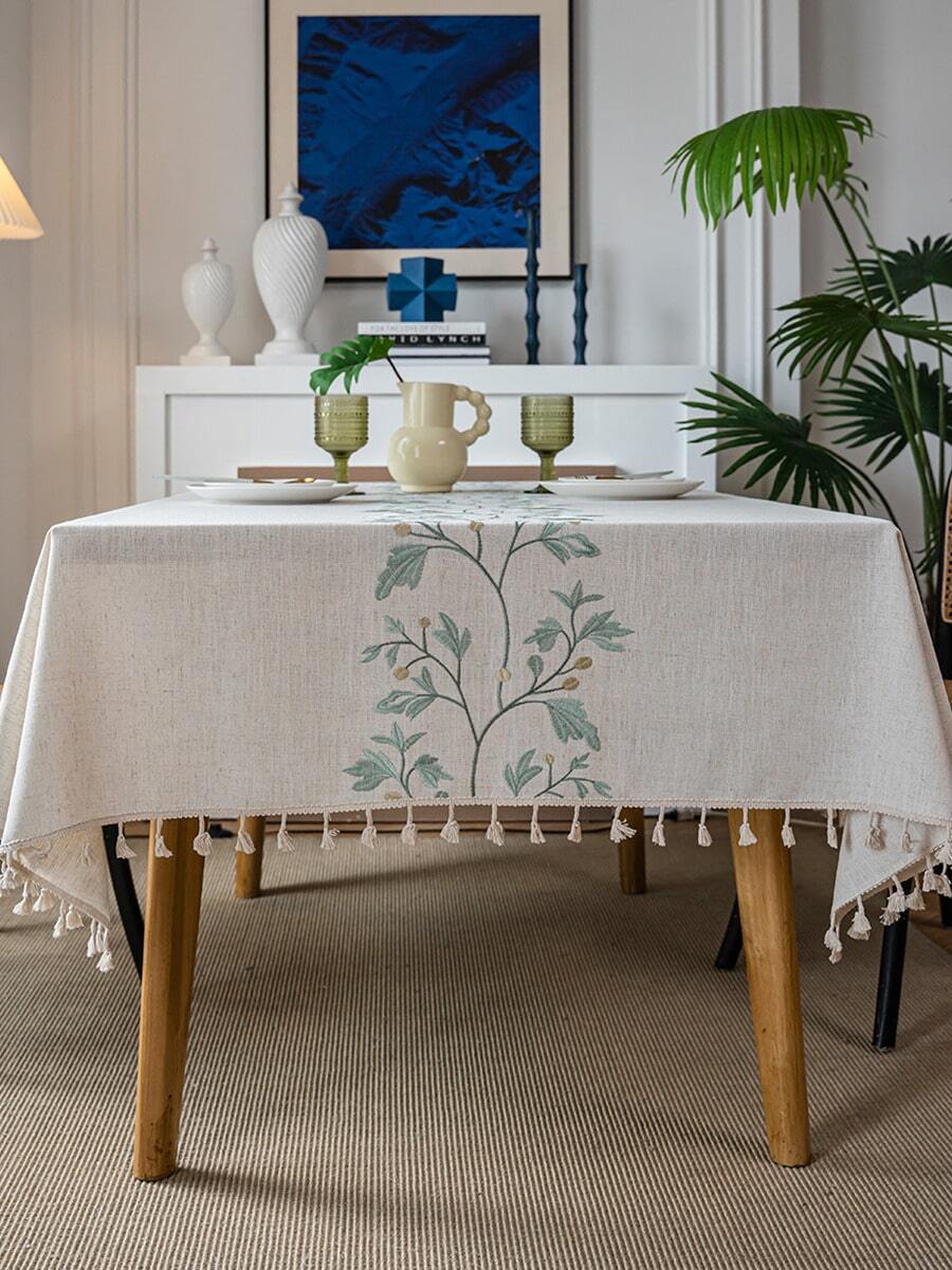 1pc Natural Minimalist Style Blue Vine Embroidery Tassel Tablecloth, Rectangular Table Cover For Coffee Table, TV Cabinet, Home Decor For Christmas, Halloween - Multicolor - View 1