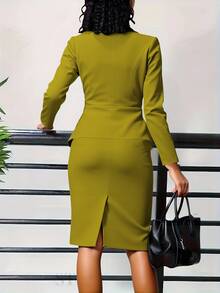 NOU 女士纯色系带套装 - 长袖，优雅简约风格，适合秋冬季节，配金属纽扣，是情人节和新年的理想之选，打造时尚商务休闲造型 - 橄欖綠 - 查看 3