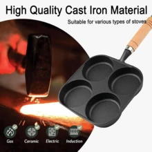 Frying Pan, 4-Cup Cast Iron Egg Frying Pan, With A Wooden Handle Divided Grill Pan, Suitable For Frying Eggs, Steaks, And Burgers For Breakfast (Black) - màu đen - Xem 4