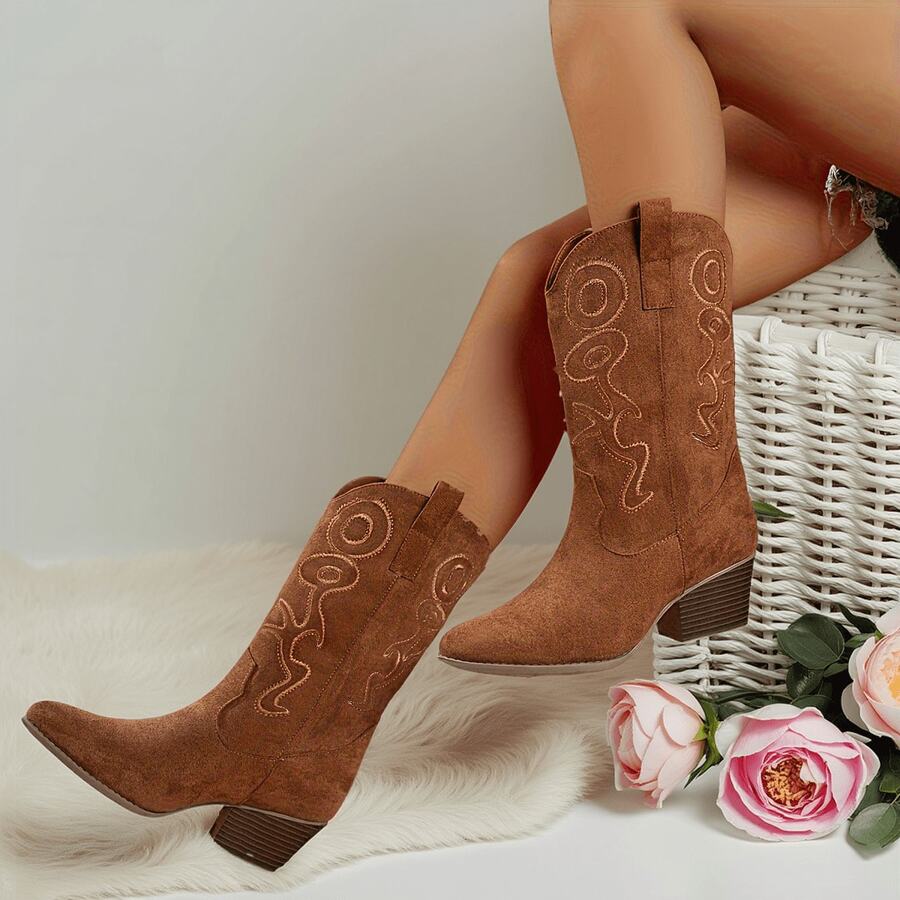 Women's Mid-Heeled Platform Mid-Calf Pull-On Western-Style Athletic Boots, Thick-Heeled Round-Toed Riding Boots, New Spring/Autumn Women's Boots - 棕色 - 查看 1