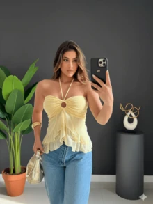 Women's Blouse Tulle Top With Ring, Ruffles, Adjustable Tie, Boho Chic, Casual, Elegant, , Summer Fashion - 黃色 - 查看 4