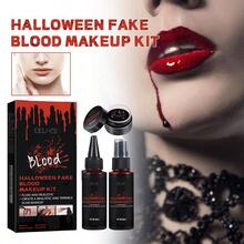 万圣节假血化妆套装，万圣节假血凝胶，凝固+喷雾+滴落，逼真可水洗特效SFX化妆套装，吸血鬼和怪物化妆和装扮，万圣节派对用品，万圣节假血套装 - 紅色 - 查看 3