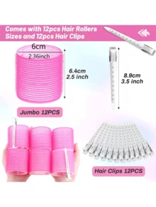 24pcs [12 Hair Scrunchies + 12 Metal Hair Clips] / 12pcs [6 Hair Scrunchies + 6 Metal Hair Clips] Jumbo Hair Curlers Rollers, 24pcs Set With 12 Hair Curlers Self Grip Holding Rollers And 12 Stainless Steel Alligator Hair Clips For Long Medium Short Thick Fine Thin Hair Bangs Volume (24PCS/12PCS) ,Hair Styling Tools Hair Accessories - Pink - View 2