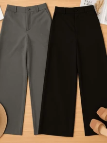 Kit 2 Plus Size Pants Tailored Fashion Pantaloons With Pockets High Waist Holds Belly Long - 黑色和灰色 - 查看 1