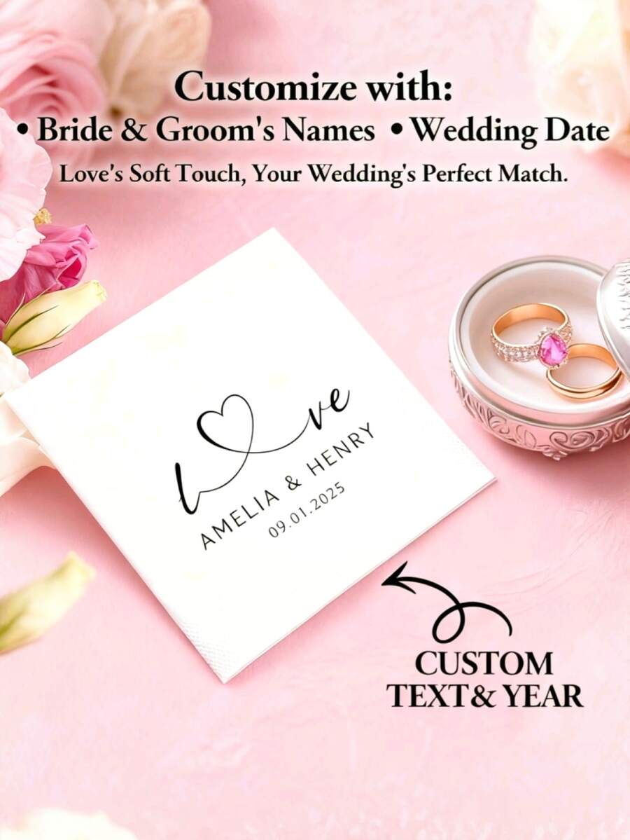 20/40/60/100 Pcs Custom Napkins, Personalized Napkins For Wedding Anniversary, Suitable For Couple, Lovers, Romantic Gift, Napkins Disposable Beverage Dessert Napkins For Wedding Table Decorations Engagement Party, Personalized Wedding Napkins, Unique Ideal Gifts For Her - Phong cách 7 - Xem 1