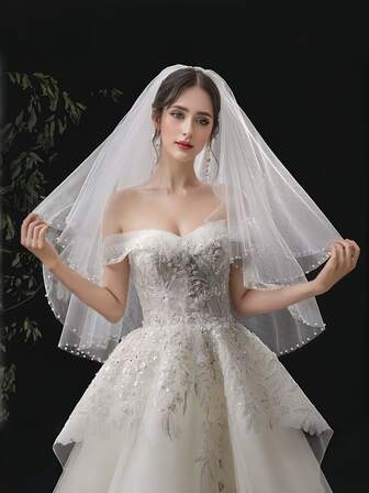 1 pieza Velo de novia blanco, velo de tul de doble capa con diadema con cuentas hechas a mano, adecuado para boda, fiesta, cosplay, accesorios de fotografía, estilo vintage elegante