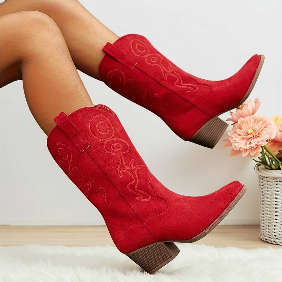 Women's Mid-Heeled Platform Mid-Calf Pull-On Western-Style Athletic Boots, Thick-Heeled Round-Toed Riding Boots, New Spring/Autumn Women's Boots - 紅色 - 查看 1