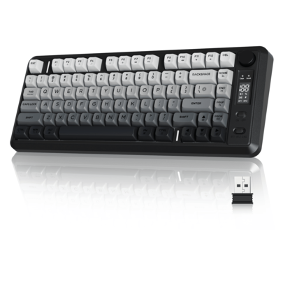 FREEWOLF FREEWOLF M75 kabellose Gaming-Tastatur mit mechanischem Gefühl, Membran mit Drehknopf & OLED-Display, Bluetooth/2,4 GHz, Regenbogen-Hintergrundbeleuchtung, Farbverlauf PBT-Keycaps, 2000 mAh Akku, Anti-Ghosting