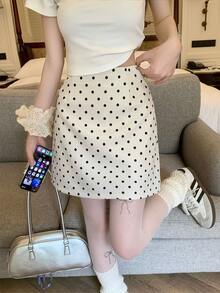 Falda medio cuerpo lunares vestidos cortos Moda verano casual versátil paquete cadera A-line falda corta - Albaricoque - Ver 1