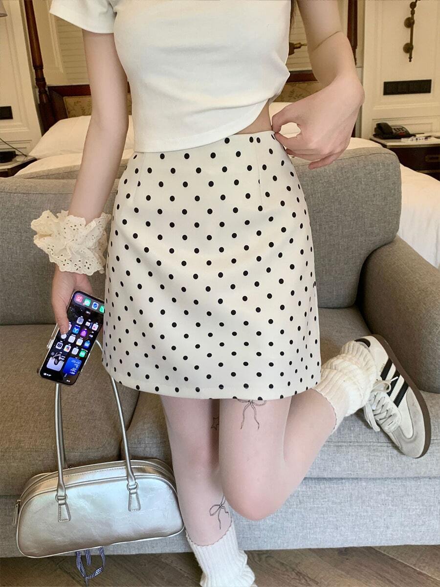 Falda medio cuerpo lunares vestidos cortos Moda verano casual versátil paquete cadera A-line falda corta - Albaricoque - Ver 1