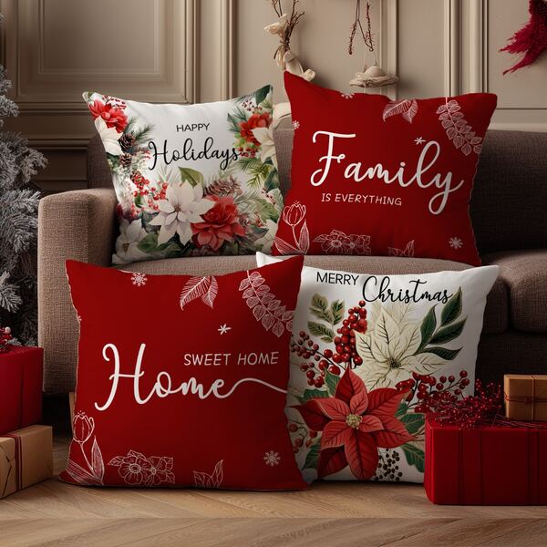 4pcs Christmas Vintage Poinsettia Wreath Throw Pillow Cover Set, Single-Sided Printed Peach Velvet Polyester Material, 45*45/50*50/40*40CM Cushion Cover Suitable For Room Decor, Modern Minimalist Sofa Living Room Decor, Gift, Party Decoration