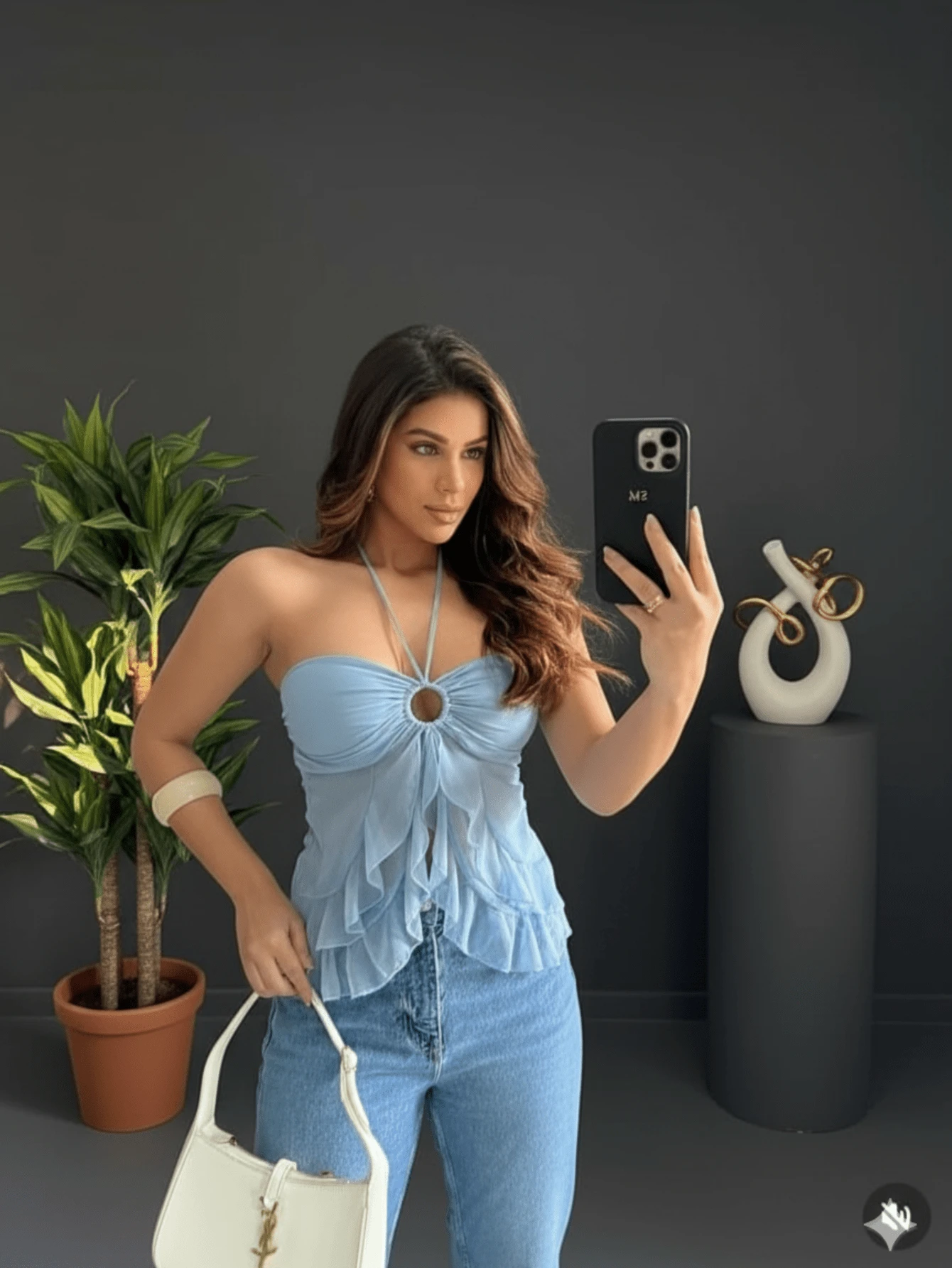 Women's Blouse Tulle Top With Ring, Ruffles, Adjustable Tie, Boho Chic, Casual, Elegant, , Summer Fashion - Màu xanh nhạt - Xem 1