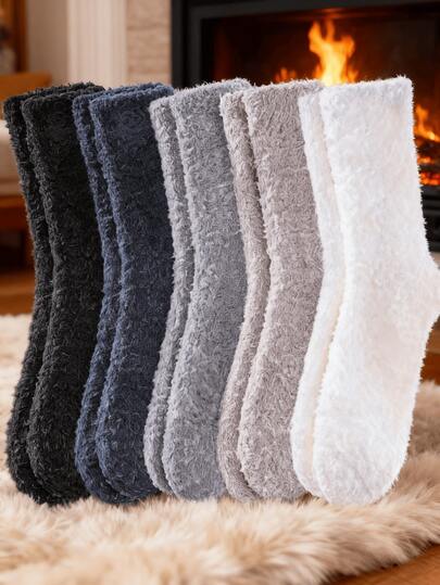 5 pares de calcetines cortos y esponjosos surtidos - Suaves, cálidos, de tela esponjosa, acogedores y cómodos, versátiles para el invierno, el hogar, el uso casual y el clima frío