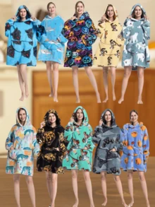 1件男女通用加厚抓绒连帽睡袍 - 宽松冬季家居服，卡通牛油果印花，100%涤纶，带口袋和弹性袖口，适合室内/室外穿着。连帽卫衣 - 宽松毛绒连帽衫，带袖子和超大口袋，保暖毯，男女皆宜，舒适的法兰绒面料，万圣节必备，可作睡袍使用，保暖防风。 - 彩色 - 查看 9