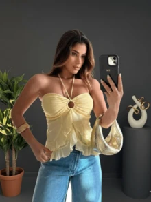 Women's Blouse Tulle Top With Ring, Ruffles, Adjustable Tie, Boho Chic, Casual, Elegant, , Summer Fashion - 黃色 - 查看 3