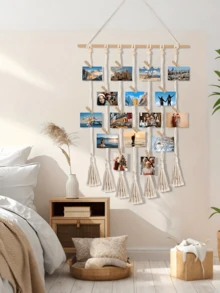 Hanging Photo Display Boho Macrame Wall Decor,Chic Wall Hanging Decor, Macrame Style Tapestry, Tassel Photo Wall Hairpin Storage, Room Decor, Birthday Party Decor, Garden Decor, Birthday Gifts, Wooden Home Art Storage, Teen Girls Christmas Gifts