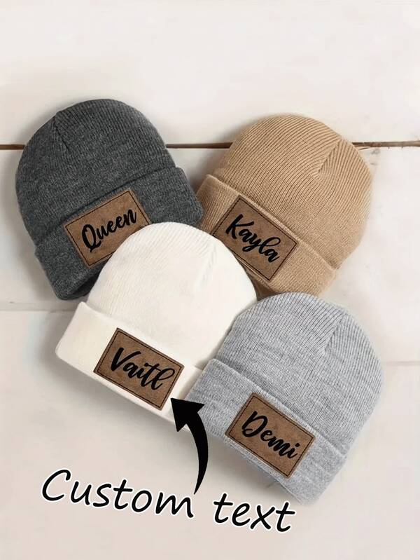 Customizable Knit Beanie Hat Unisex, With Personalized Leather Patch - Perfect Father's Day Gift For Men & Women